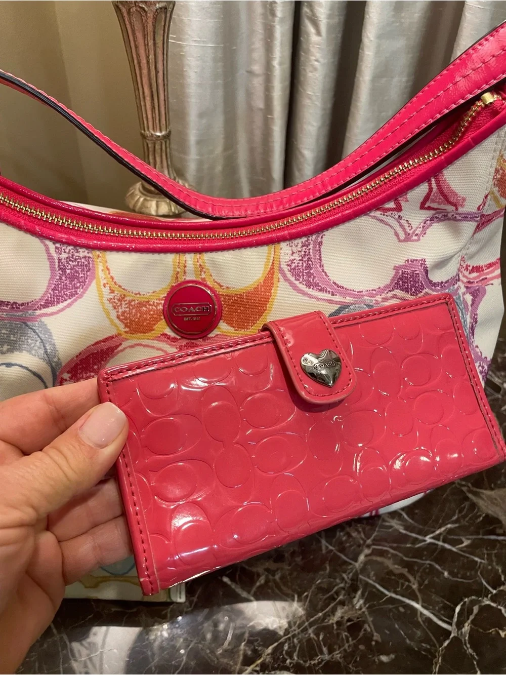 Coach Multicolor Signature Canvas Hobo Bag with Pink Patent Wallet